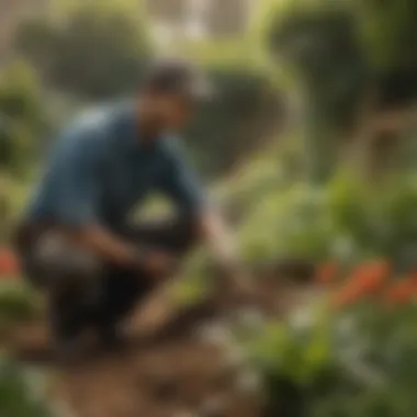 A groundskeeper engaged in planting and nurturing a variety of plants, highlighting the role in horticulture.