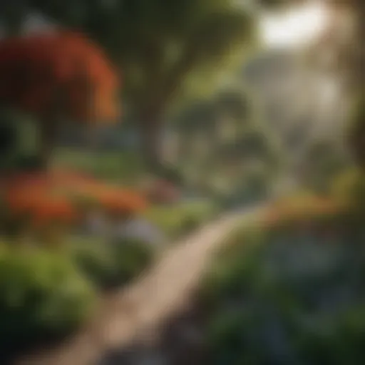 Vibrant landscape maintained by a groundskeeper showcasing lush greenery and well-organized floral arrangements.