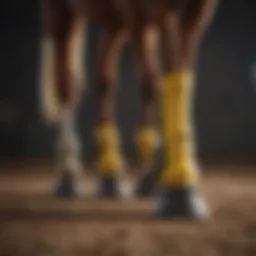 A horse wearing protective booties during exercise