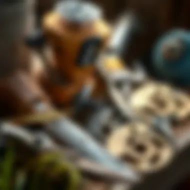 Tools required for sharpening lawn mower blades displayed neatly