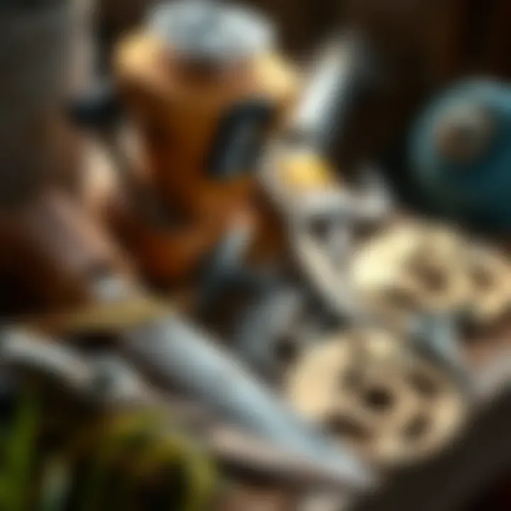 Tools required for sharpening lawn mower blades displayed neatly