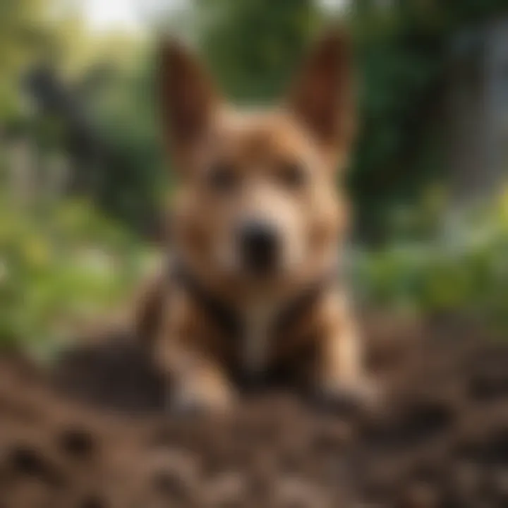 A dog happily digging in the garden