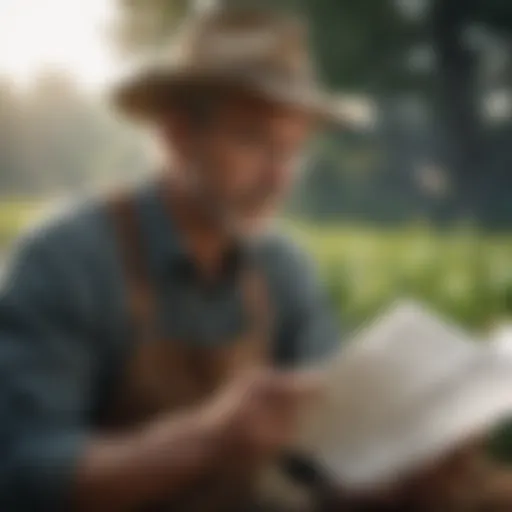 A farmer analyzing financial documents