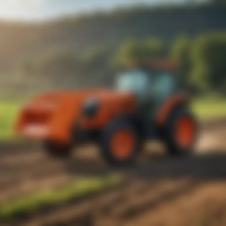 A scenic agricultural landscape with a 30 HP Kubota tractor in the field.