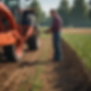 A farmer inspecting agricultural equipment in a field.