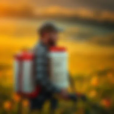 Agricultural professional using a backpack poison sprayer in a field.