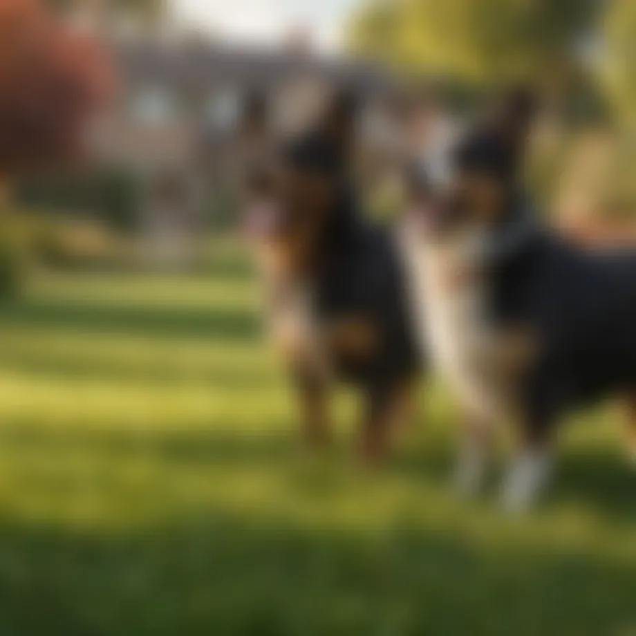 A lush green lawn with dogs playing happily