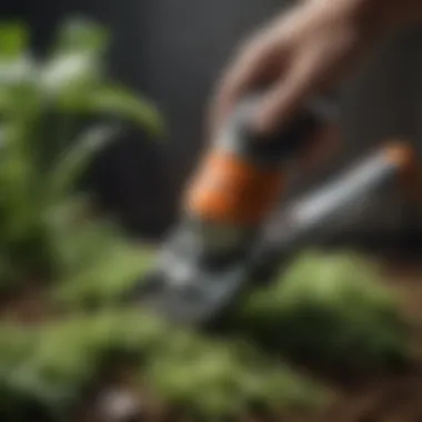 A close-up view of a high-performance handheld trimmer in action, showcasing its precision cutting capabilities.