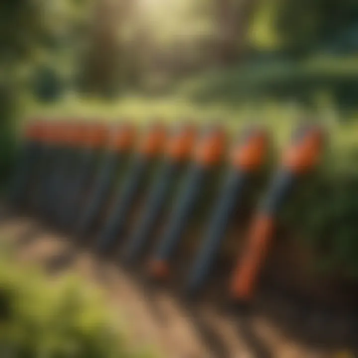 An array of different handheld trimmers displayed outdoors, highlighting the variety available for horticultural tasks.