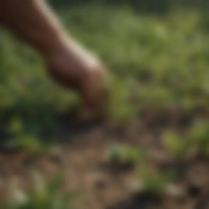 Close-up of healthy crop with visible weed growth