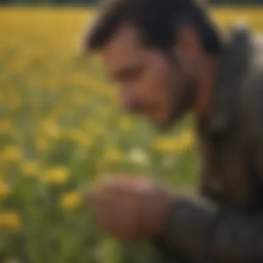 Farmer's Insight on Dandelion Management Farmer examining dandelions in a crop field