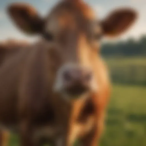 Calf wearing a weaning nose ring in a pasture