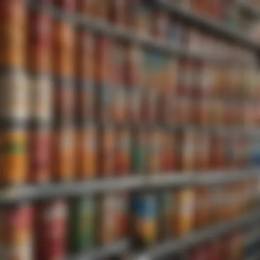 A close-up view of a variety of canned goods on a grocery shelf, showcasing their labels and expiration dates.