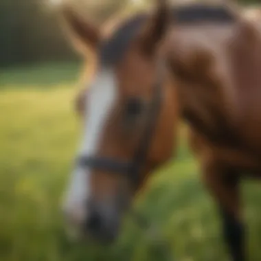 A serene horse grazing in a lush green pasture