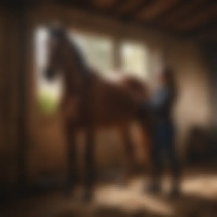 An equestrian interacting with a horse in a calm setting