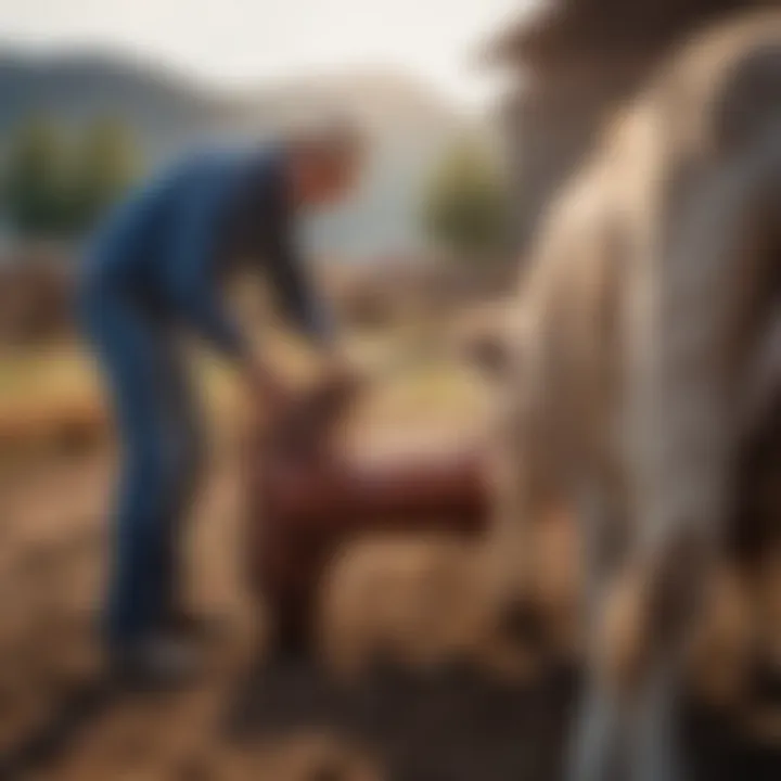 A farmer using a cattle blower to enhance the comfort of livestock.