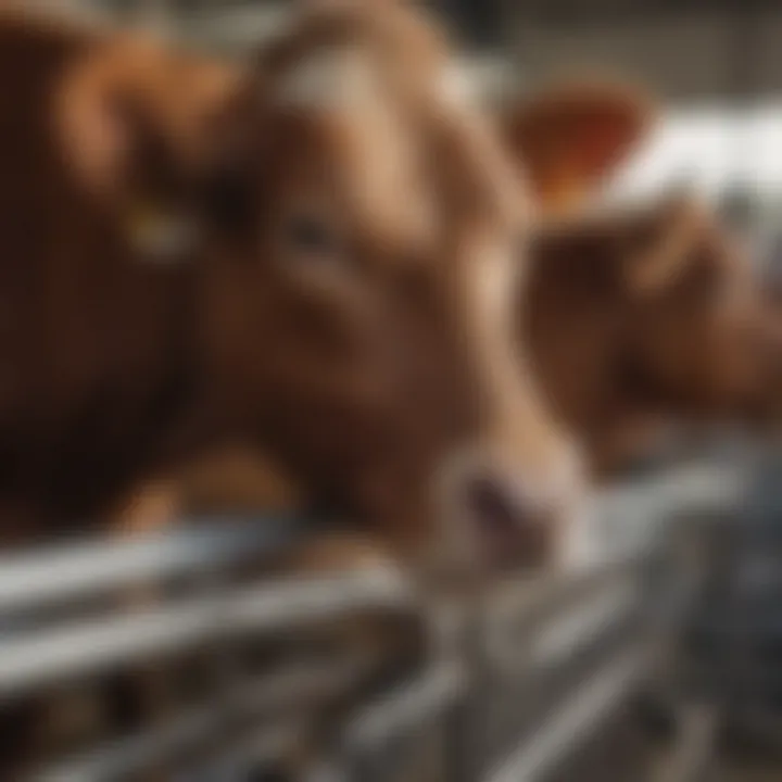 Close-up of cattle being groomed in a chute