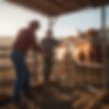 Farmers Engaged in Cattle Care Farmers using a grooming chute for cattle care