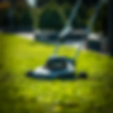 Electric Mower Performance An electric lawn mower in action on a lush green lawn.