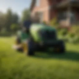 A powerful riding lawn mower traversing a lush green lawn