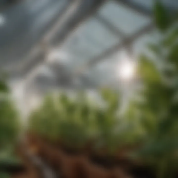 Close-up of plants growing in a clear tent showcasing light penetration