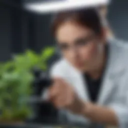 A lab technician examining plant samples under a microscope
