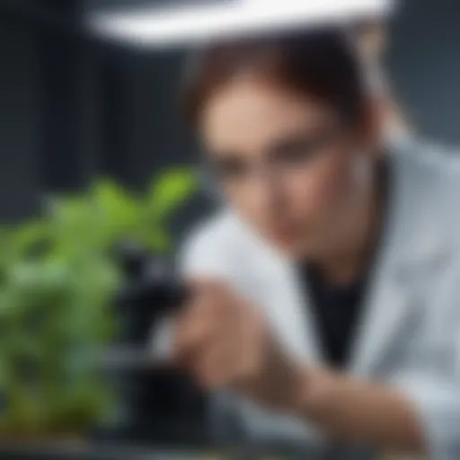 A lab technician examining plant samples under a microscope
