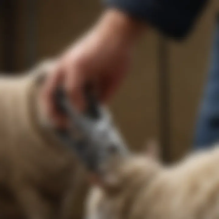 Illustration of a farmer using shearing clippers on sheep