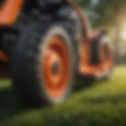A close-up view of the sophisticated blade system on a push mower.