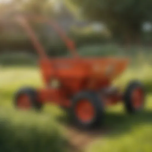 Various types of grass seed spreaders displayed in a garden