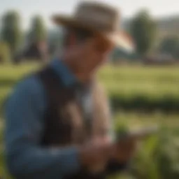 A farmer analyzing data on a tablet in a field