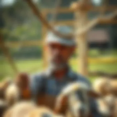 A farmer demonstrating proper installation of sheep and goat netting