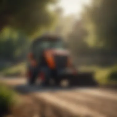 Skid steer equipped with angle broom on a landscaping site.