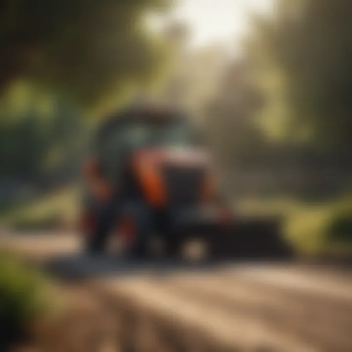 Skid steer equipped with angle broom on a landscaping site.