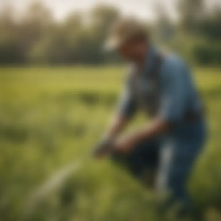 A farmer applying organic herbicides in a field to manage ragweed growth sustainably.