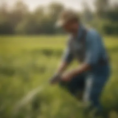 Sustainable Herbicide Application Techniques A farmer applying organic herbicides in a field to manage ragweed growth sustainably.