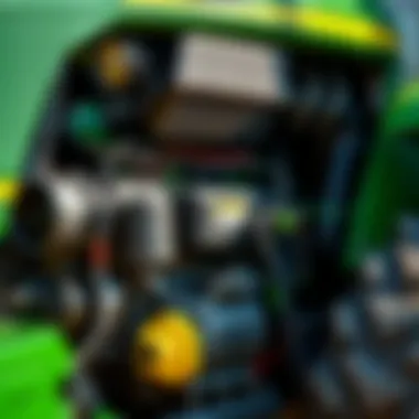 Close-up view of John Deere tractor engine showcasing performance features