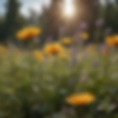 A serene landscape depicting various flowering plants releasing pollen into the air