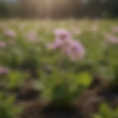 Close-up of henbit weed in a field setting