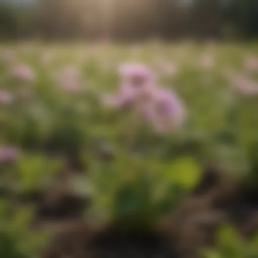 Close-up of henbit weed in a field setting