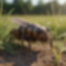Close-up view of a mole cricket in the grass