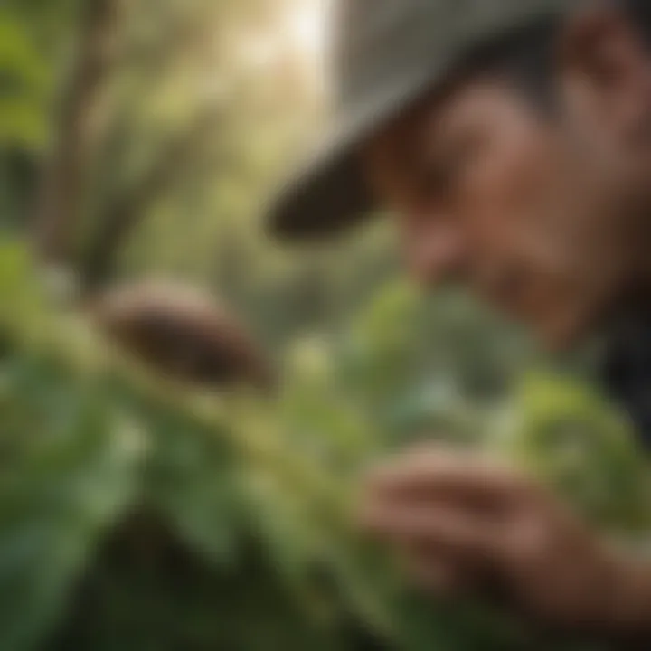 Farmer inspecting crops for stink bug presence