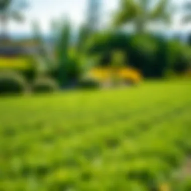 Landscape featuring a well-maintained emerald zoysia lawn in a sunny garden setting.