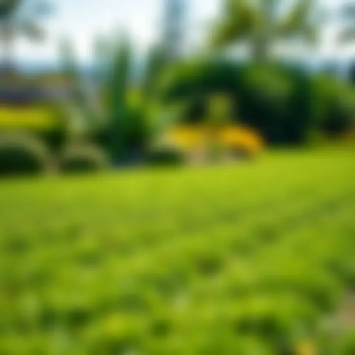 Landscape featuring a well-maintained emerald zoysia lawn in a sunny garden setting.