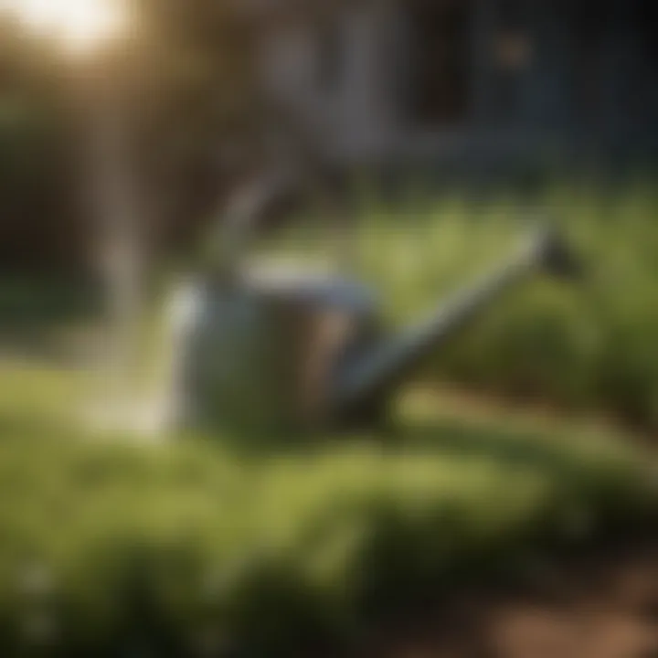 Watering can nurturing grass in sunny weather