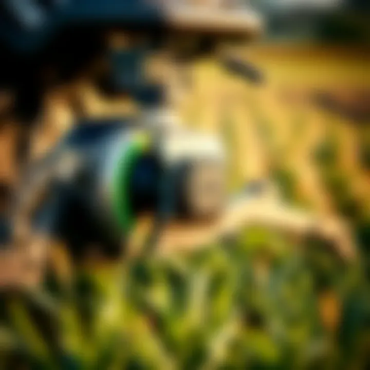 Close-up of a precision farming tool in action on a field.