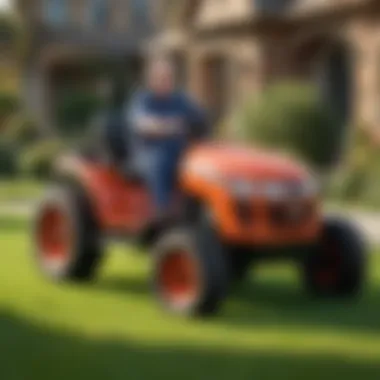 Evaluating Lawn Tractor Condition A customer evaluating the condition of a lawn tractor with a dealer