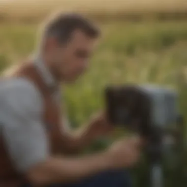 A technician assessing a pest issue in an agricultural field