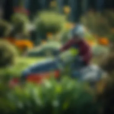 Landscaping with Zero Turn Mowers A landscape professional using a zero turn mower in a lush garden setting