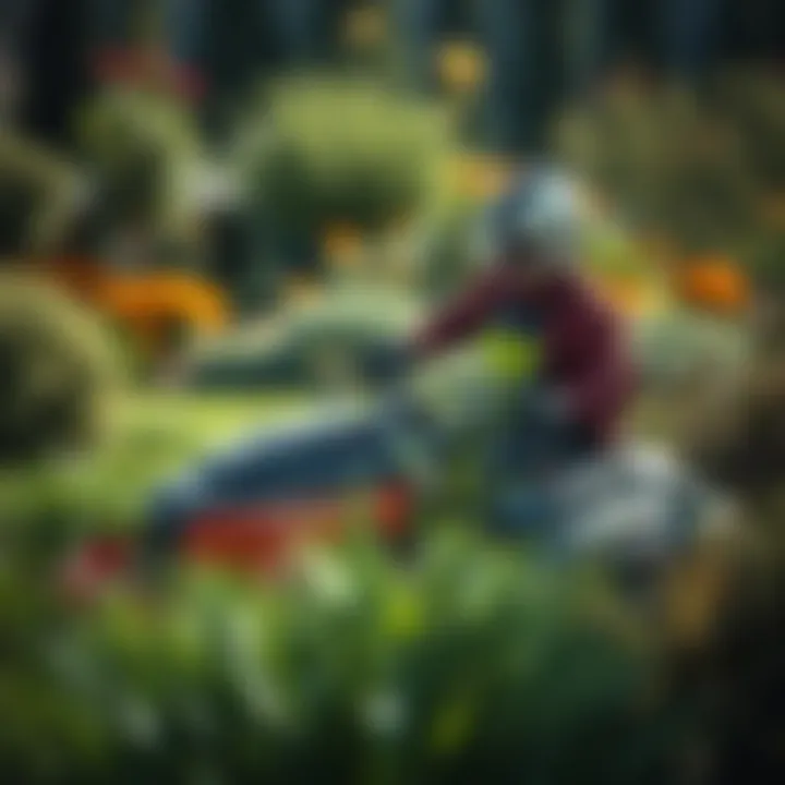 Landscaping with Zero Turn Mowers A landscape professional using a zero turn mower in a lush garden setting